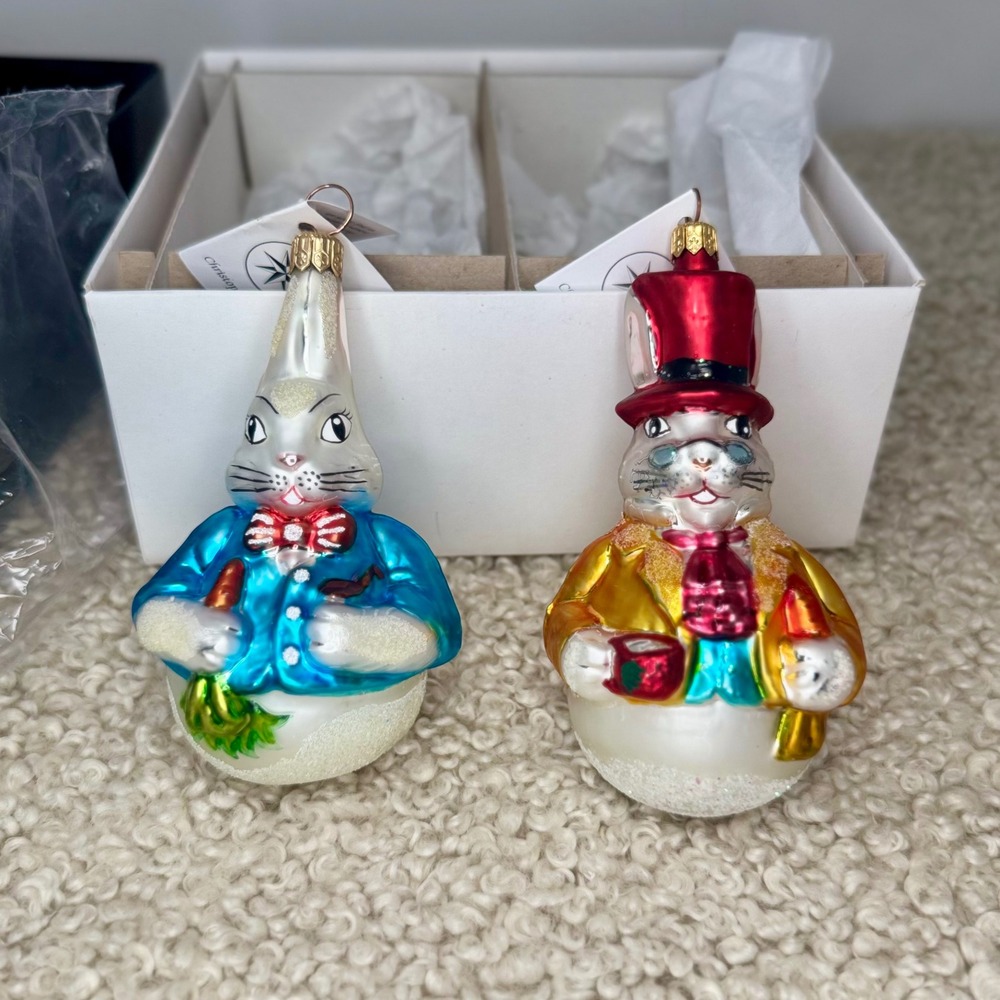 1996 Christopher‎ Radko Wabbit Wobbles Glass Ornaments Set Rabbit Bunny's in Box